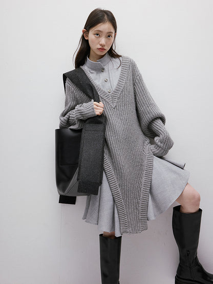 FUSSED Noise Irregular Knit Patchwork V-Neck Sweater Dress FOF-25SS023