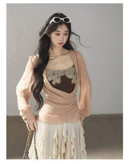 AOMALM - Cinnamon Blush Ruched Wrap Chiffon Top with Lace Cami Set