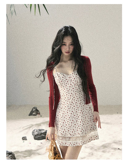 "Blooming Rose Reverie" Cloud White Floral Lace Mini Dress & Burgundy Wine Cardigan 56483