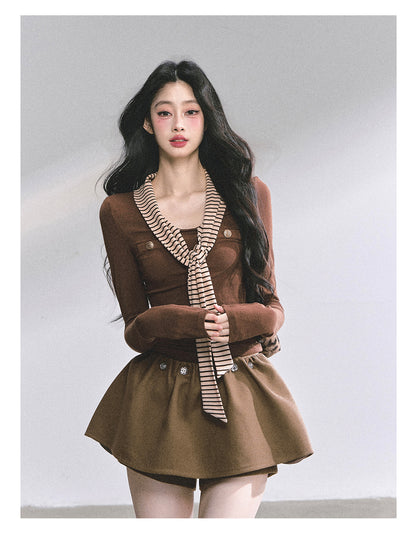 少也眼 "High-Mind Lady" American-Style Tee with Striped Neck Tie - Coffee 145846315