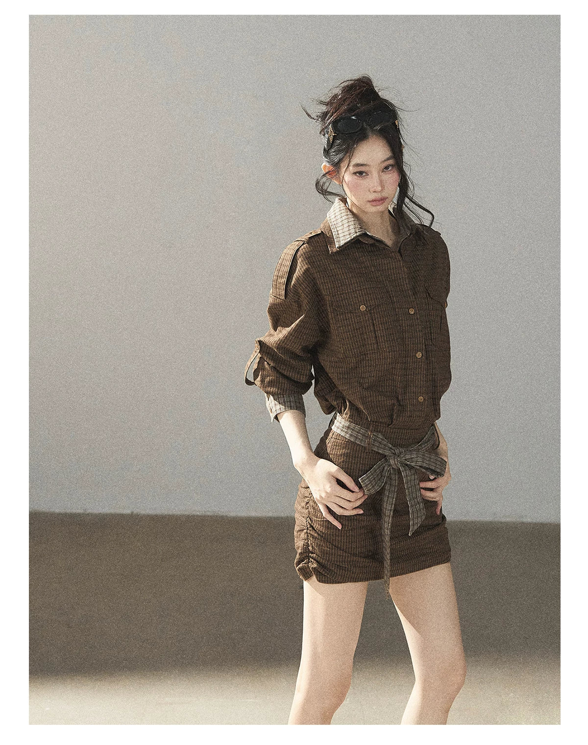 AOMALM - "A Promise Beneath the Oak" Crabapple Brown Plaid Shirt Dress with Belt