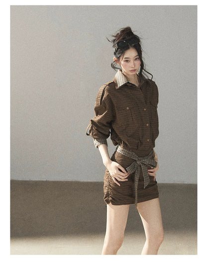 AOMALM - "A Promise Beneath the Oak" Crabapple Brown Plaid Shirt Dress with Belt