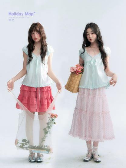 "Mint Morning Glow" Mint Green Lace Tie-Front Cardigan Blouse