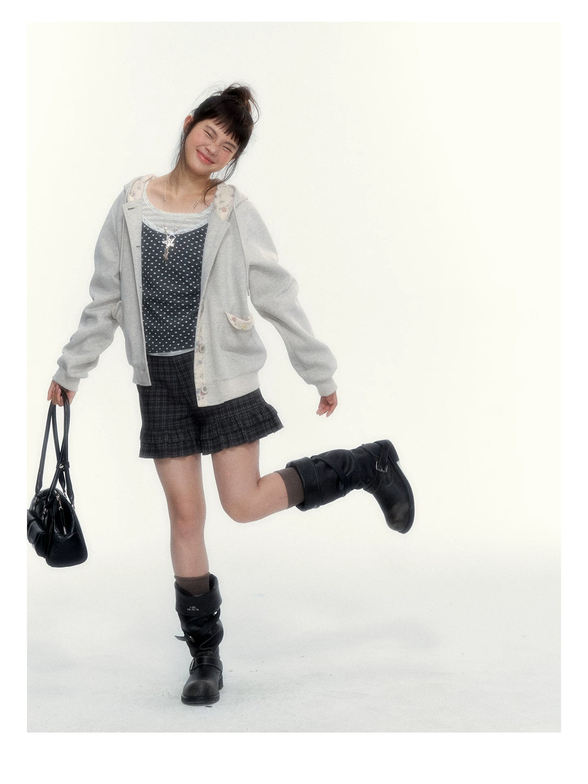 “Early Gray” Light Gray Striped Lace-Trimmed Fitted Long-Sleeve Top