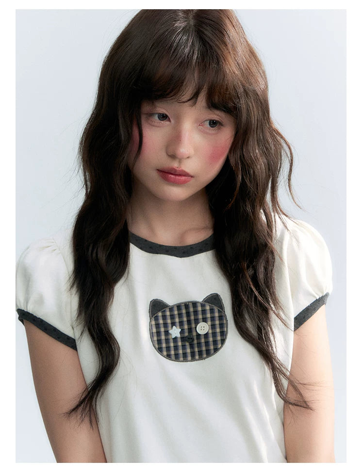 "Hide and Seek" Ivory Cat Patchwork Embroidered Puff Sleeve T-Shirt