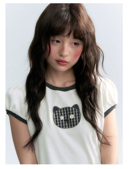"Hide and Seek" Ivory Cat Patchwork Embroidered Puff Sleeve T-Shirt