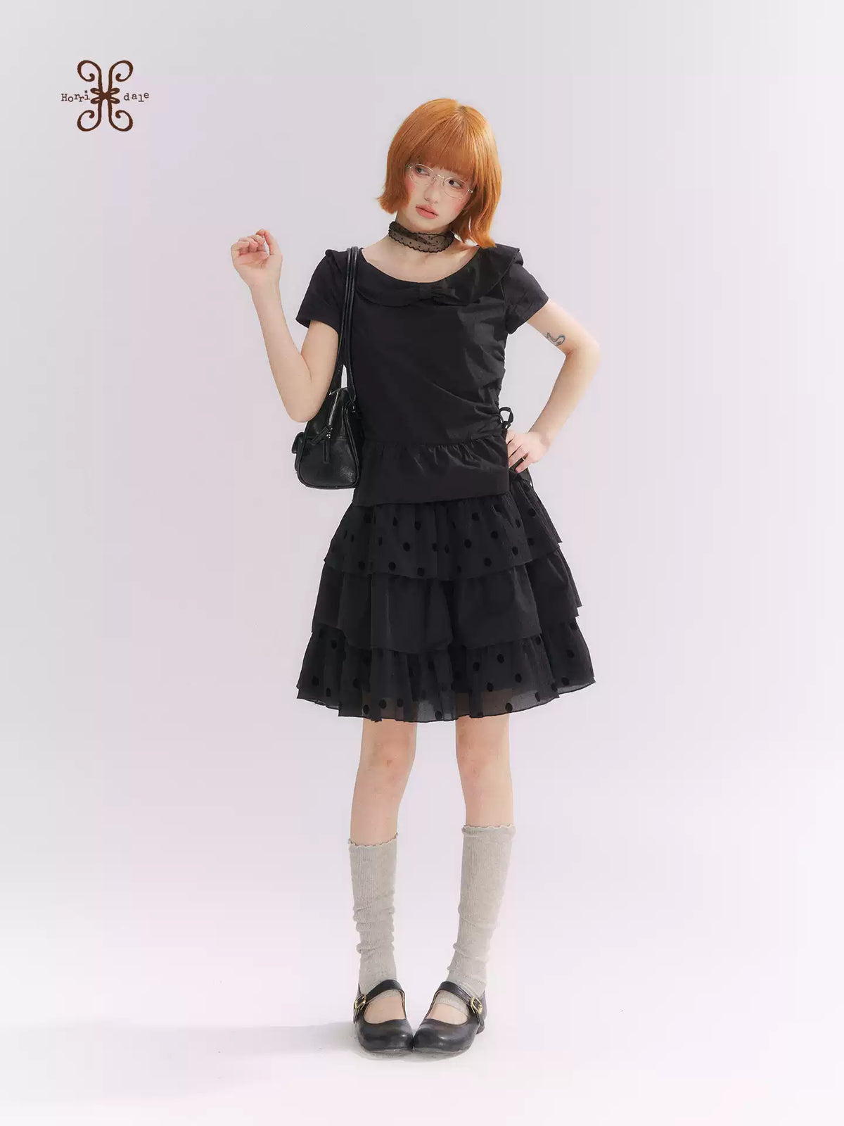 “Midnight Sweetheart” Black Korean-Style Bow Polka Dot Tiered Dress