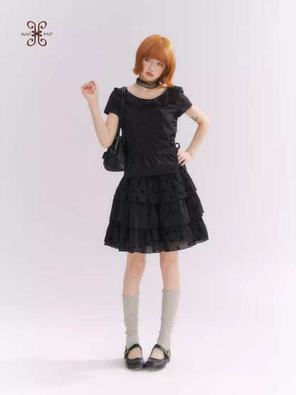 “Midnight Sweetheart” Black Korean-Style Bow Polka Dot Tiered Dress