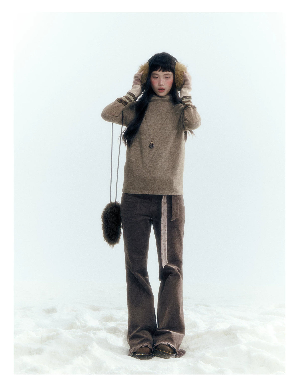Horridale - Milk Tea Brown Floral Belt Corduroy Flare Pants