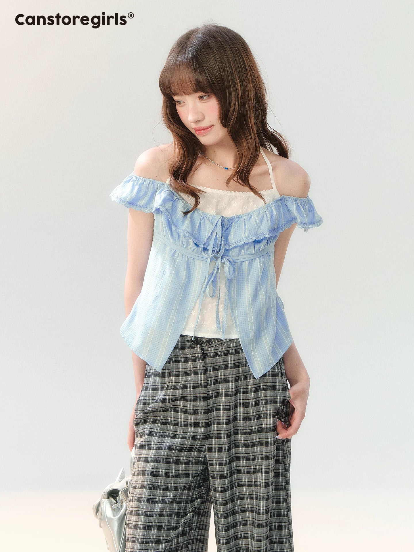 "Gray Cloud Flurry" Plaid Lace Hem Wide-Leg Pants SH2026205