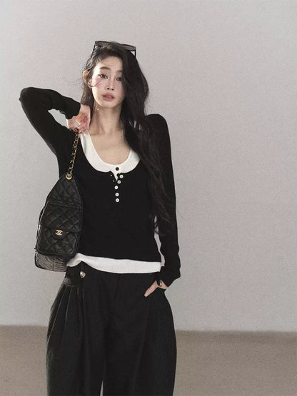 AOMALM - Korean U-Neck Faux Layered Knit Top