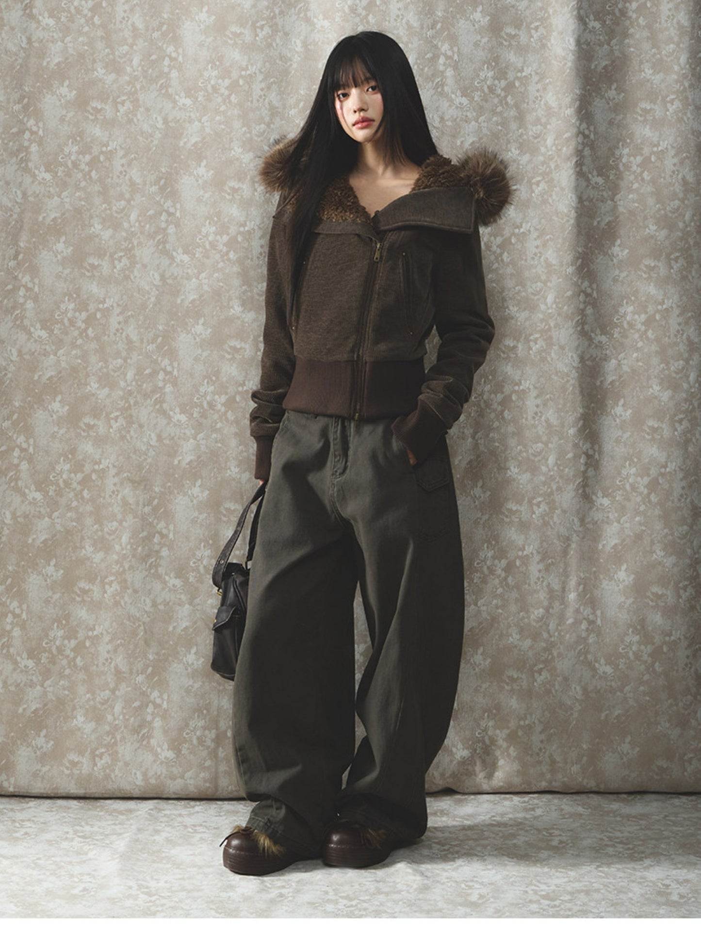 Soote Season - Deep Brown Chenille Faux-Fur Hooded Cropped Jacket