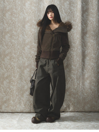 Soote Season - Deep Brown Chenille Faux-Fur Hooded Cropped Jacket