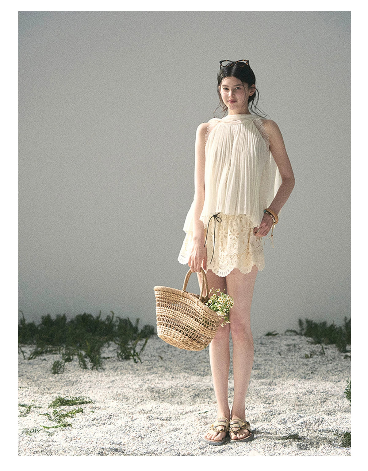 “Summer Light Through Pleats” Ivory Lace Pleated Halter Blouse