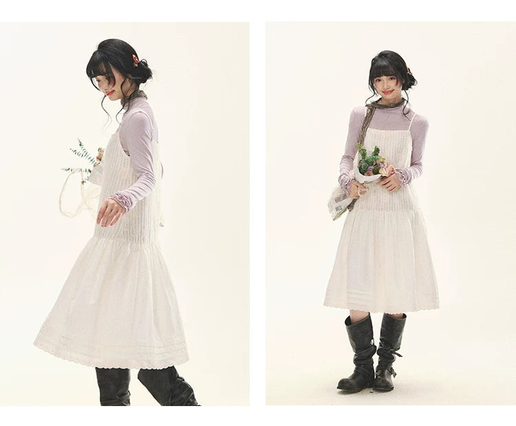 "Ivory Blossoms" Apricot Mist Beige Floral Pinafore Midi Dress