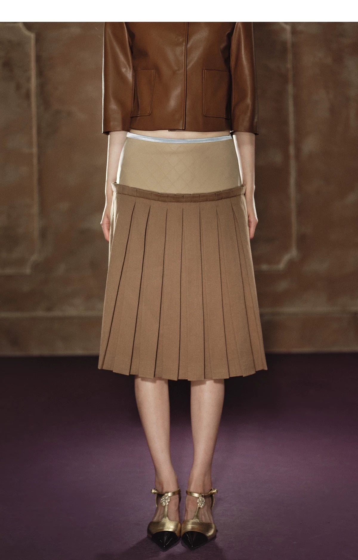 "Scholarly Muse" Khaki Faux Leather Jacket & Mixed-Media Pleated A-Line Skirt Set