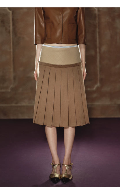 "Scholarly Muse" Khaki Faux Leather Jacket & Mixed-Media Pleated A-Line Skirt Set
