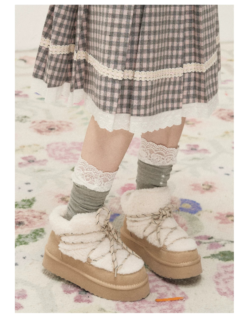 [RF] Gray & Pink Plaid A-Line Midi Skirt with Lace Trim