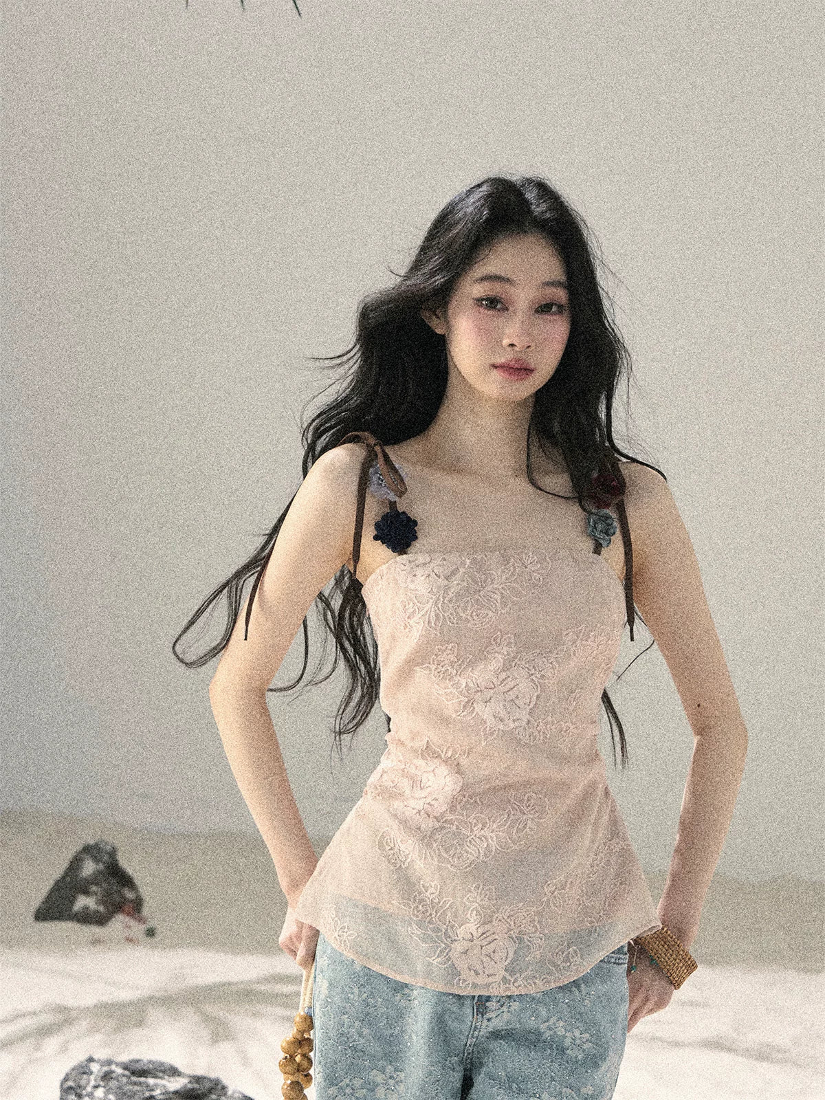 "Begonia in the Evening Breeze" Lotus Pink Embroidered Floral Cami Top