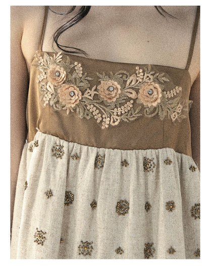 "Whispers Through the Wheat Fields" Oat Beige Floral Cami Babydoll Mini Dress