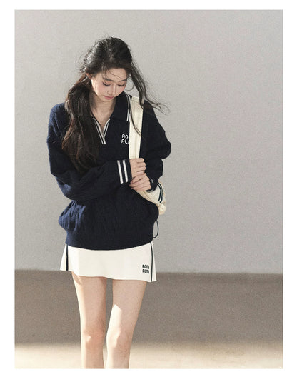 AOMALM - "Navy in Negative Space" Navy Academy-Style Knit Two-Piece Set