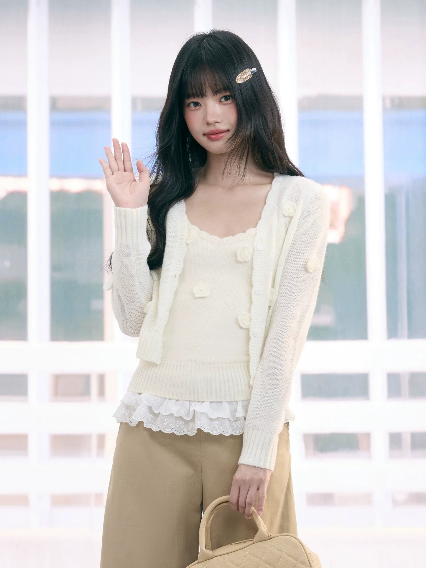 "Seoul Rose" Knit Cardigan & Camisole Set (Apricot)