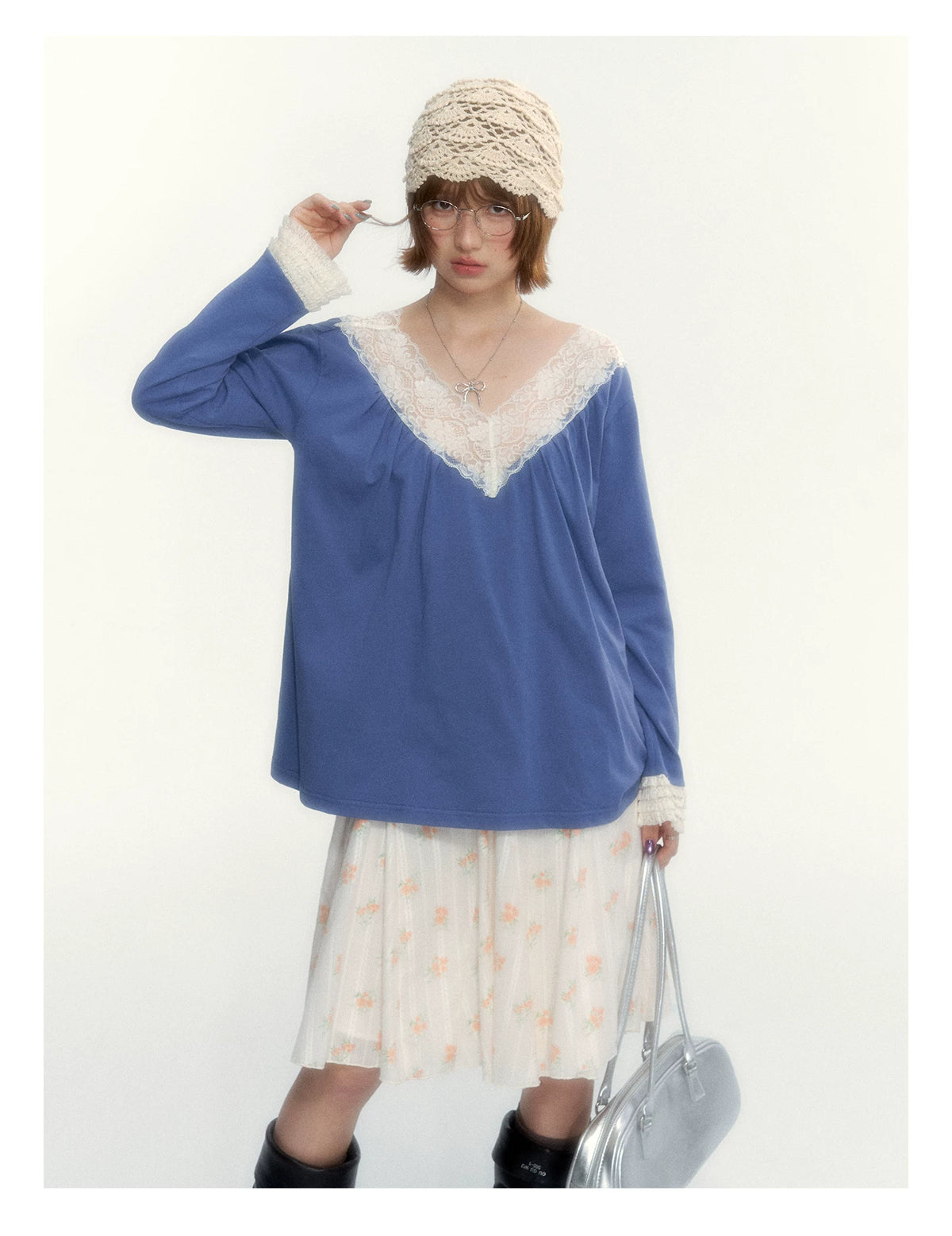 Classic Blue Lace V-Neck Long-Sleeve Top