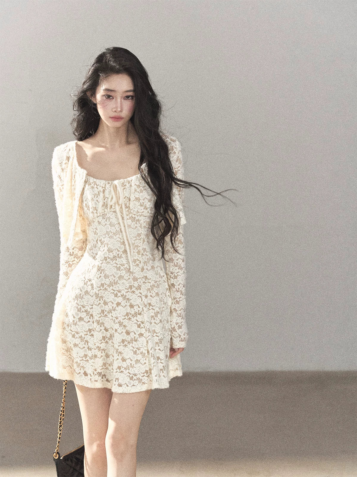 AOMALM - "Moonlight on the Floor" Dutch Cream Lace Cami Dress & Cardigan Set