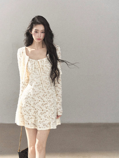 AOMALM - "Moonlight on the Floor" Dutch Cream Lace Cami Dress & Cardigan Set