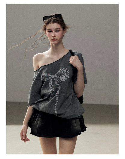 "Muted Shades of Gray" Silver Mouse Gray Off-Shoulder Tee
