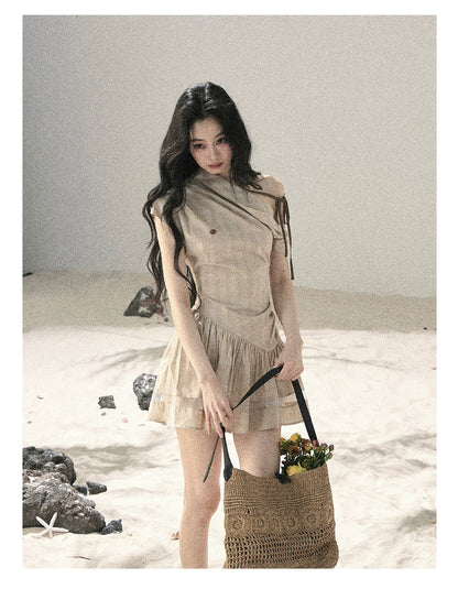 "Traces Left by the Wind" Sand Beige Off-Shoulder Plaid Puff Mini Dress