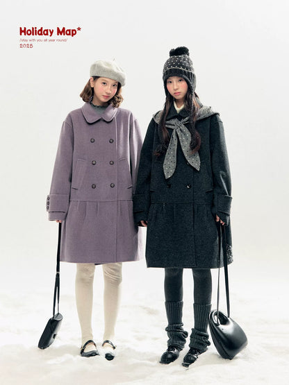 "Winter Chime" Double-Breasted Quilted Wool-Blend Coat (Smoky Purple/ Ash Gray)