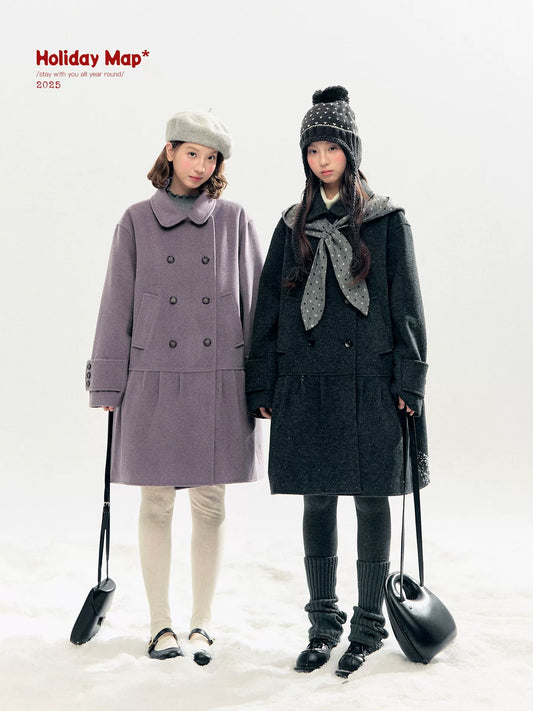 "Winter Chime" Double-Breasted Quilted Wool-Blend Coat (Smoky Purple/ Ash Gray)