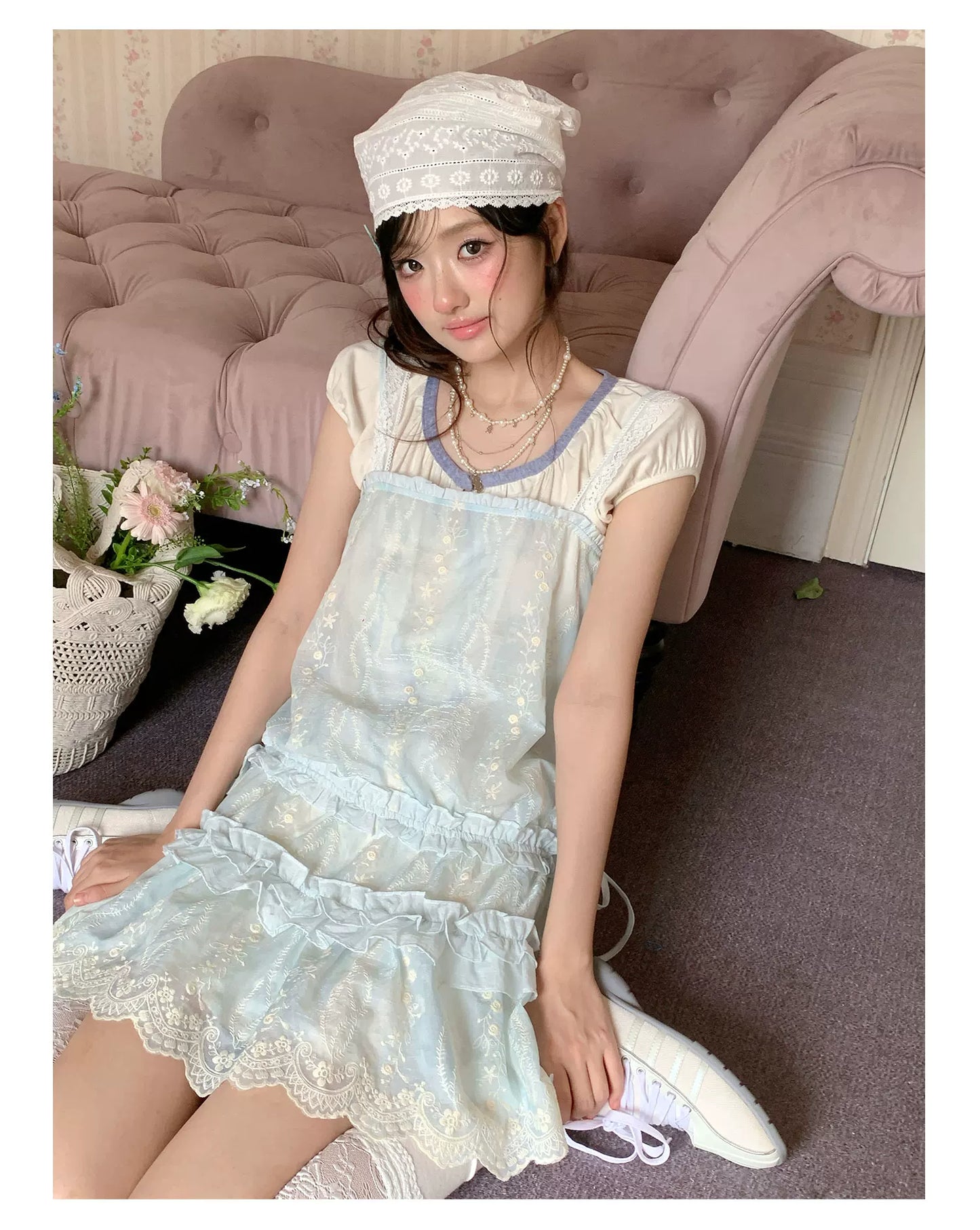 “Summer Dreamloom” Blue Lace Tiered Dress Set (Inner Top + Slip Dress)