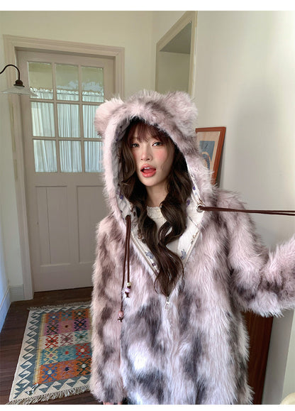 阮阮自制 - "Sweet Beauty Mark" Ombre Faux Fur Hooded Puffer Jacket