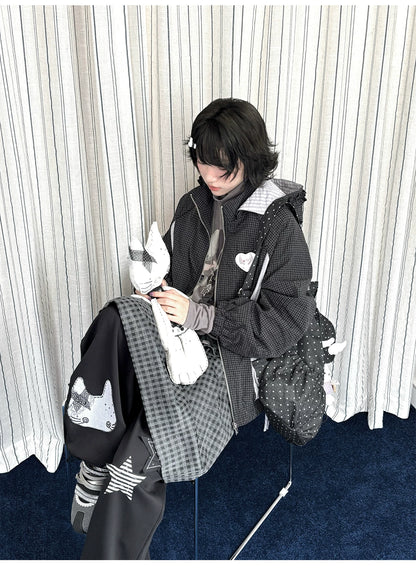 "Cold Air" Black Padded Jacket / Base Layer Top / Polka Dots Skirt / Sweatpants Set