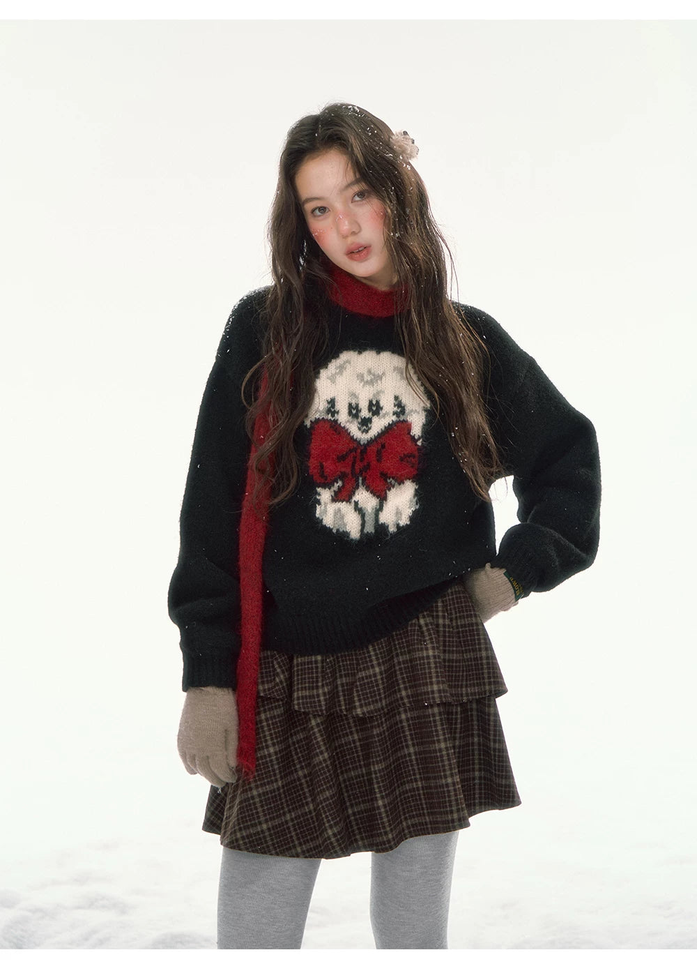 CANSTORE - "Bow Applause" Dark Gray Puppy Jacquard Knit Sweater