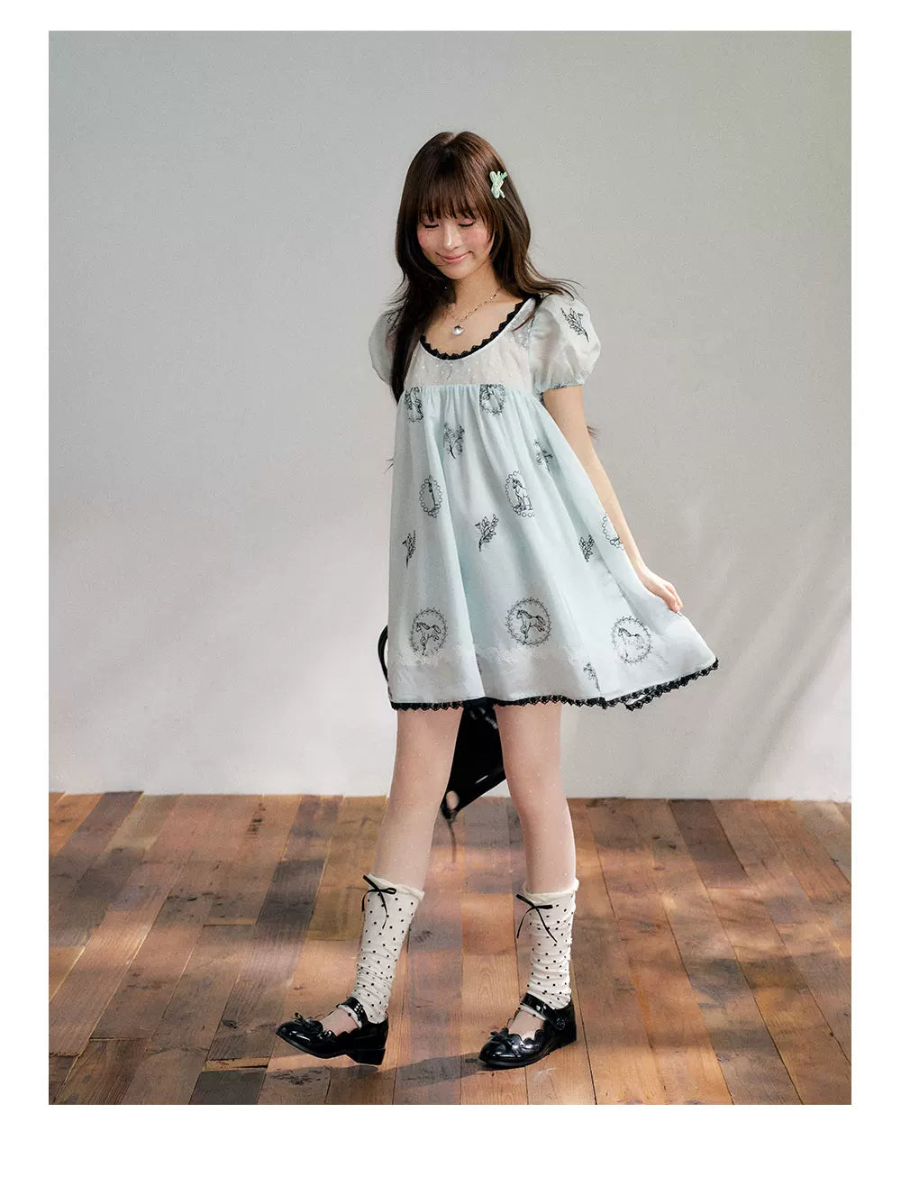 “Brown Sugar Fairytale” Blue Embroidered Puff Sleeve Dress