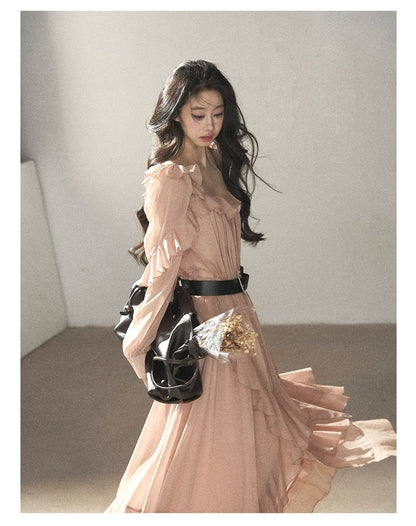 AOMALM - "Waiting for Sunset" Soft Pink French Ruffle Maxi Dress with Belt