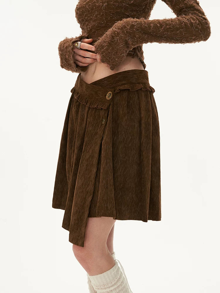 MAMC - Brown Asymmetric Waist Pleated Mini Skirt