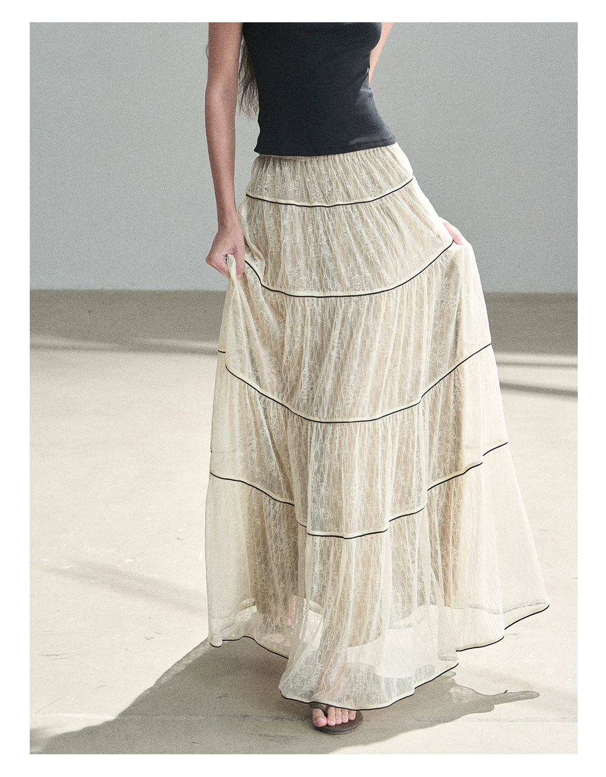 "Mist Through the Woods" Creamy Apricot White Lace Maxi A-Line Skirt