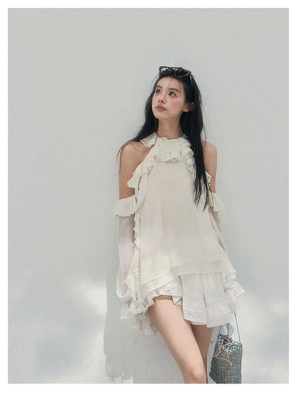 少也眼 “Heidi Heiress” Milk Apricot White Sheer Ruffle Top 142