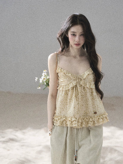 "Her Little Daisy" Milkshake Yellow Floral Ruffle Cami Top