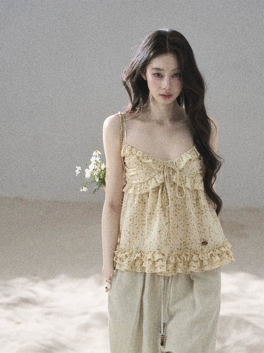 "Her Little Daisy" Milkshake Yellow Floral Ruffle Cami Top