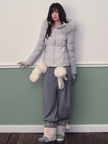 Soote Season - Glacier Blue Cropped Hooded Slim Down Jacket with Detachable Fur Collar