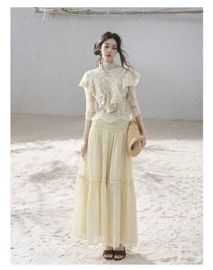 "Whispering Wheat Fields" Sage Mist Lace Maxi Skirt