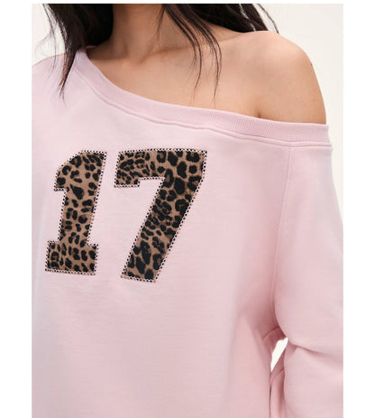 "Pink Panther Mood" Blush Pink Leopard Patch One-Shoulder Sweatshirt
