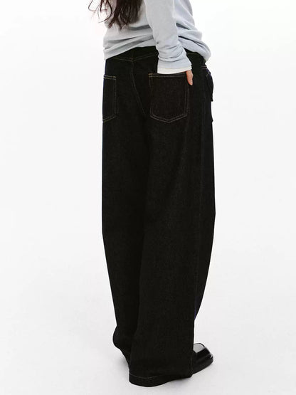 “Bow Pocket Wash” Wide-Leg Loose Denim Jeans - Denim ML6661