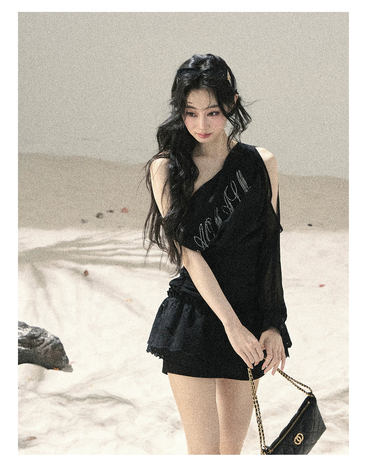 "Scattered Starlight" Midnight Black Off-Shoulder Mesh Waist-Cinched Top