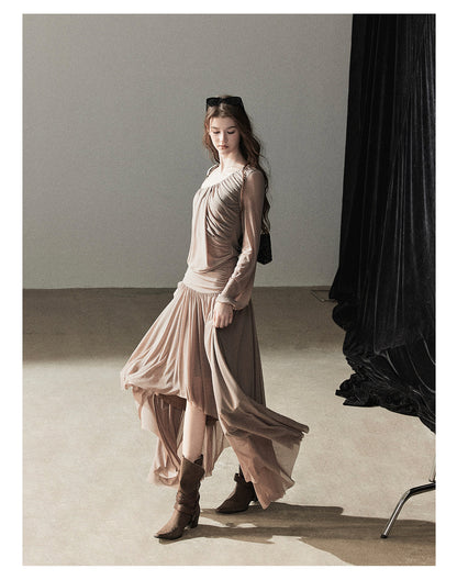 170726 "Waiting for Autumn Rain" Silver Mouse Gray Off-Shoulder Pleated Skirt Set